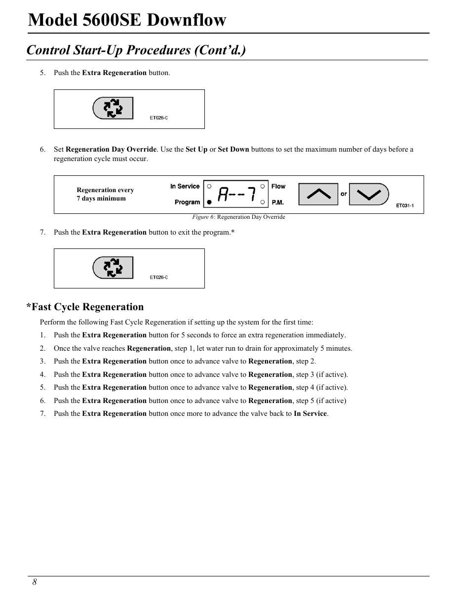 Model 5600se downflow, Control start-up procedures (cont’d.), Fast cycle regeneration | Watts Fleck 5600 Plastic Valve User Manual | Page 8 / 32