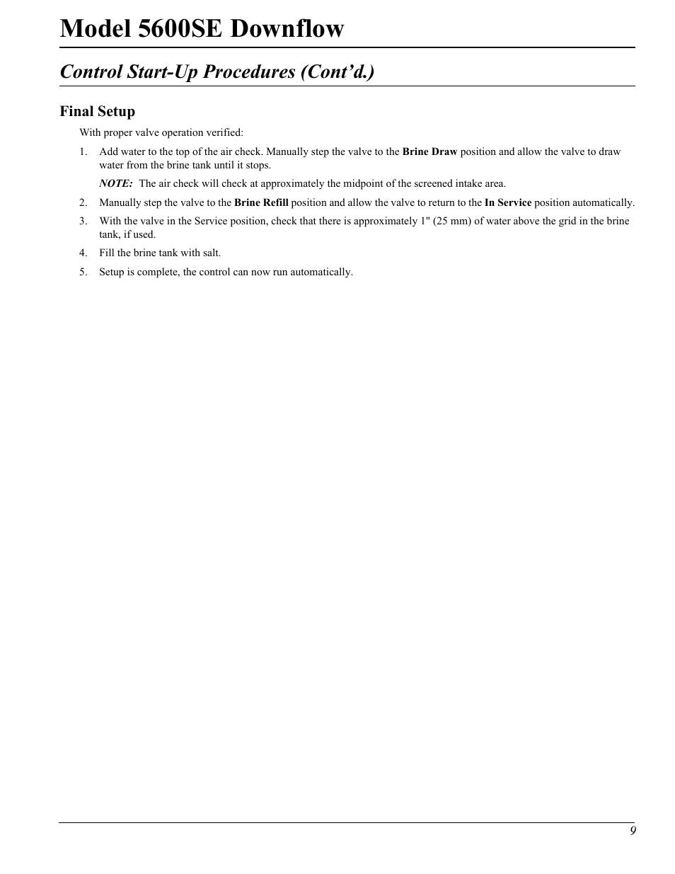 Model 5600se downflow, Control start-up procedures (cont’d.) | Watts Fleck 5600 Plastic Valve User Manual | Page 9 / 32