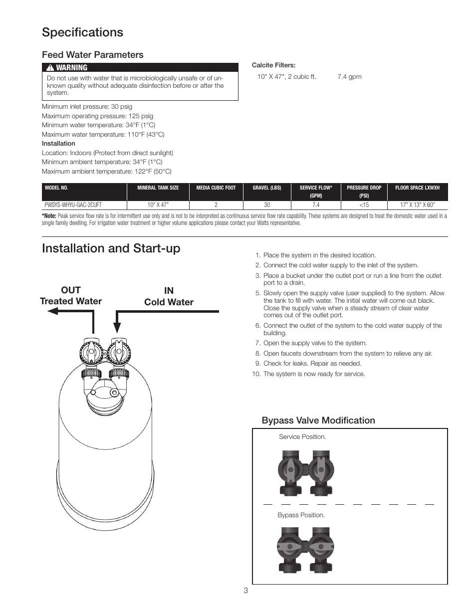 Specifications, Installation and start-up, Feed water parameters | Out treated water in cold water, Bypass valve modification | Watts PWSYS-WH-GAC User Manual | Page 3 / 4