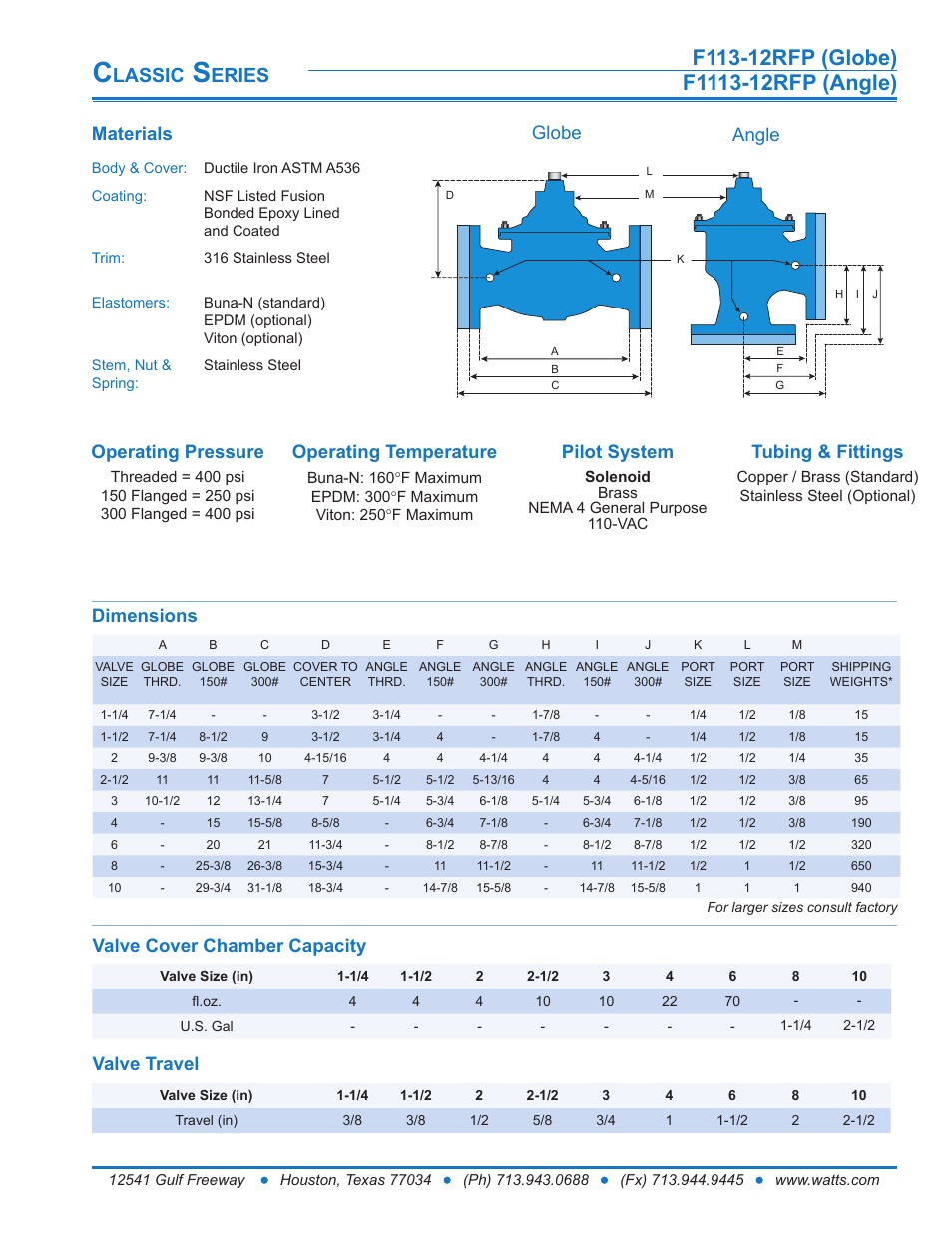 Lassic, Eries, Dimensions | Materials, Globe angle, Valve cover chamber capacity valve travel | Watts F1113-12RFP User Manual | Page 2 / 15