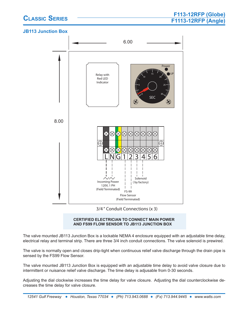 Lassic, Eries, 3/4 “ conduit connections (x 3) | Watts F1113-12RFP User Manual | Page 5 / 15