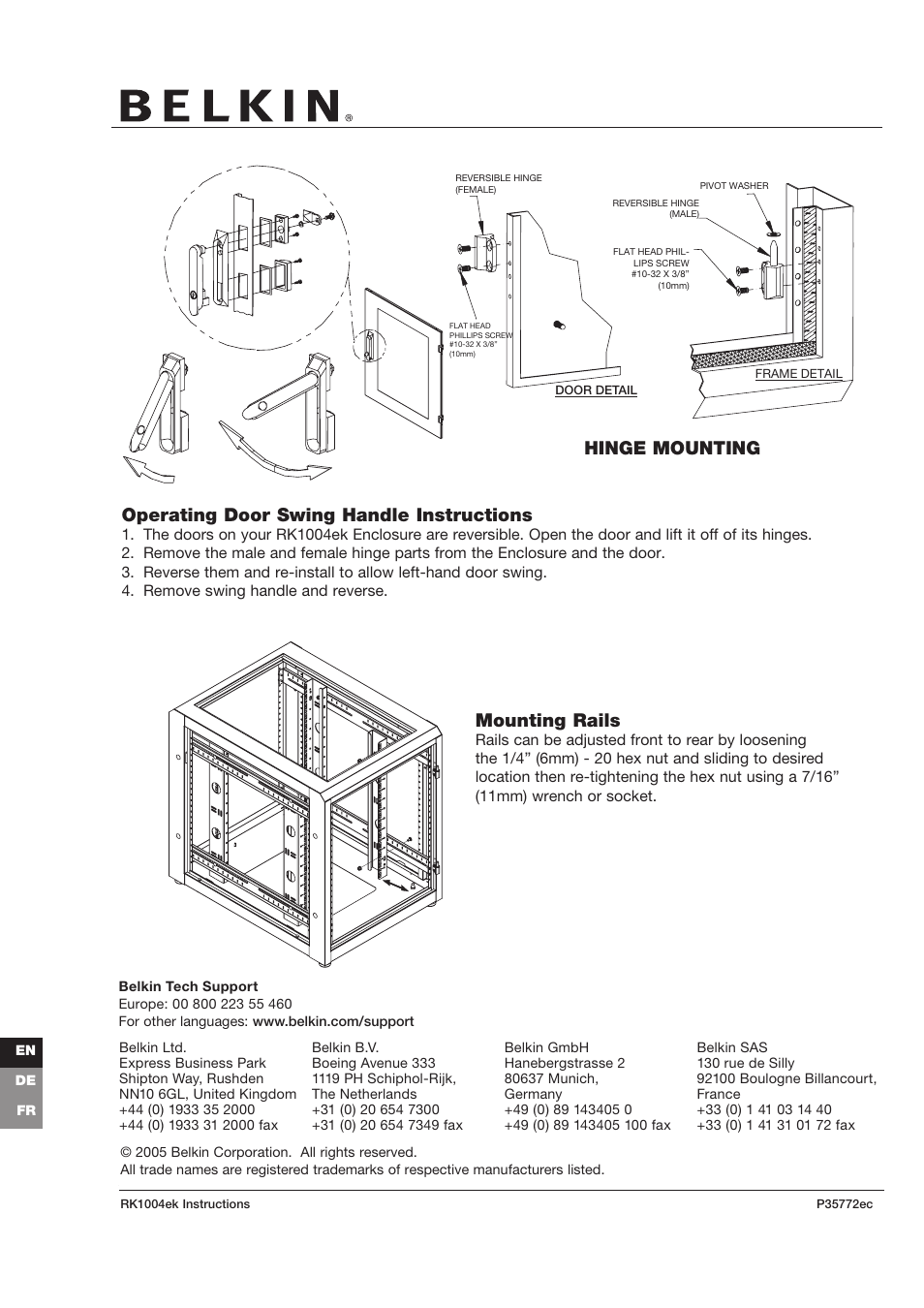 Operating door swing handle instructions, Mounting rails, Hinge mounting | Belkin RK1004ek User Manual | Page 2 / 6