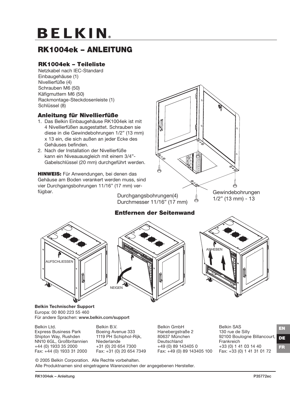 Rk1004ek – anleitung, Rk1004ek – teileliste, Anleitung für nivellierfüße | Entfernen der seitenwand | Belkin RK1004ek User Manual | Page 5 / 6