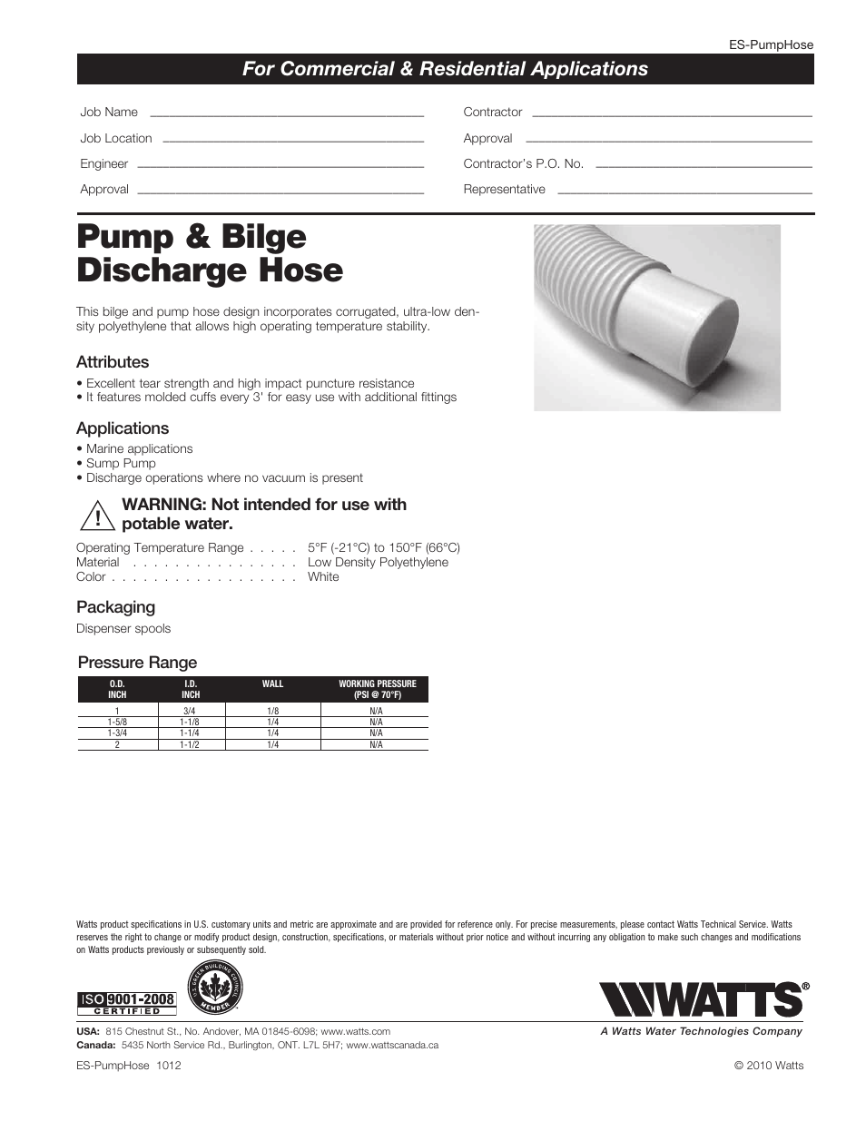 Watts Pump & Bilge Discharge Hose - Reels User Manual | 1 page