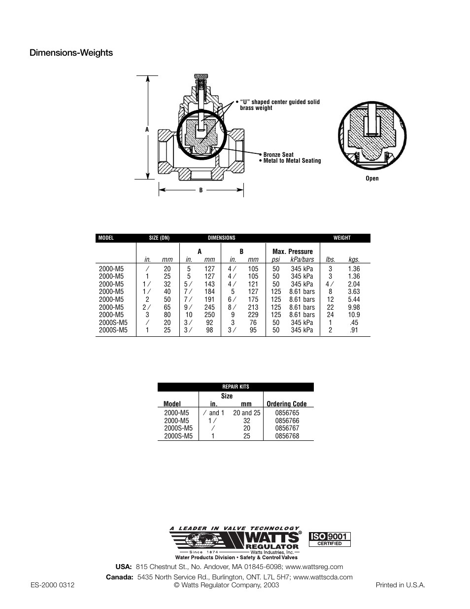 Dimensions-weights | Watts 2000S-M5 User Manual | Page 2 / 2