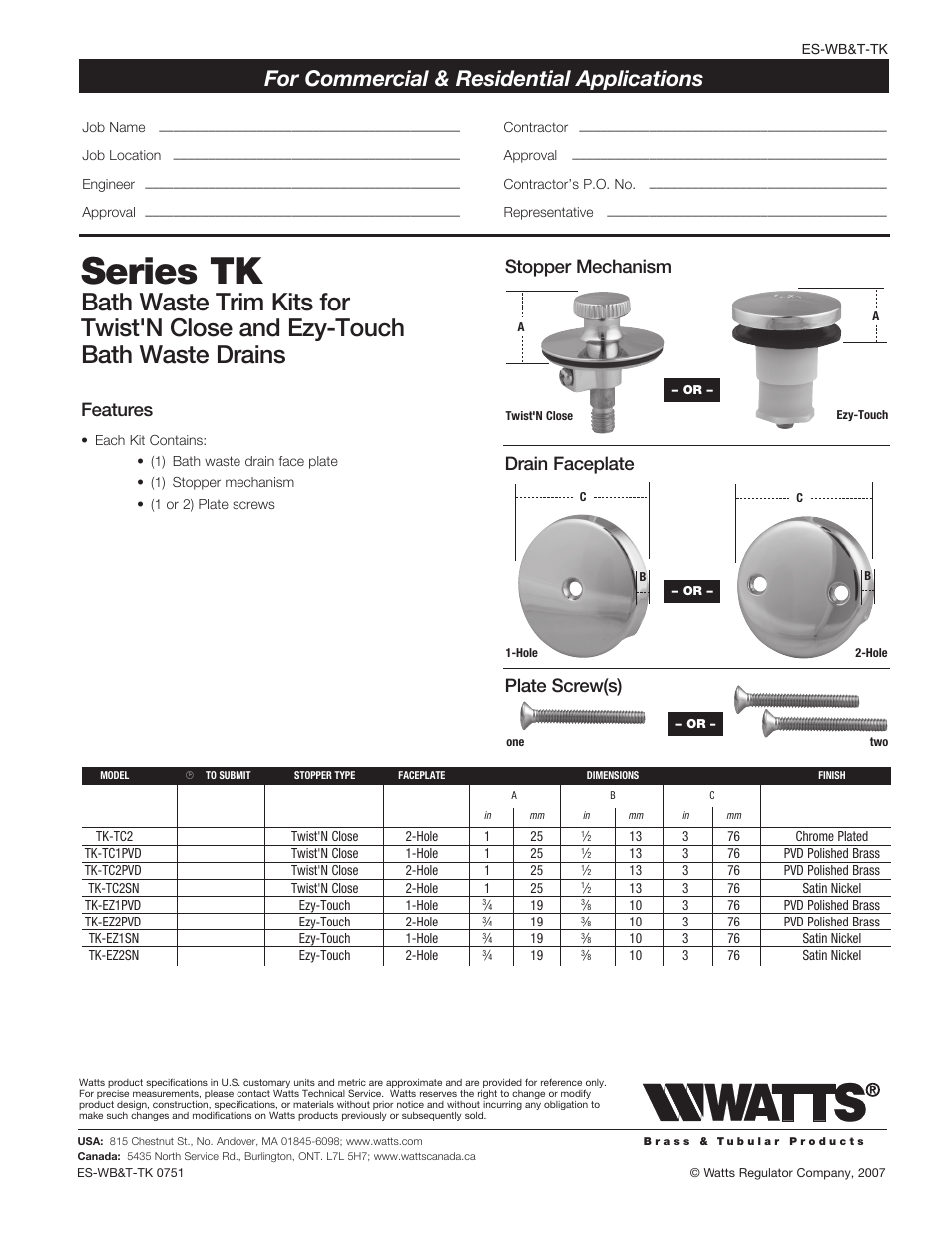 Watts TK-TC2SN User Manual | 1 page