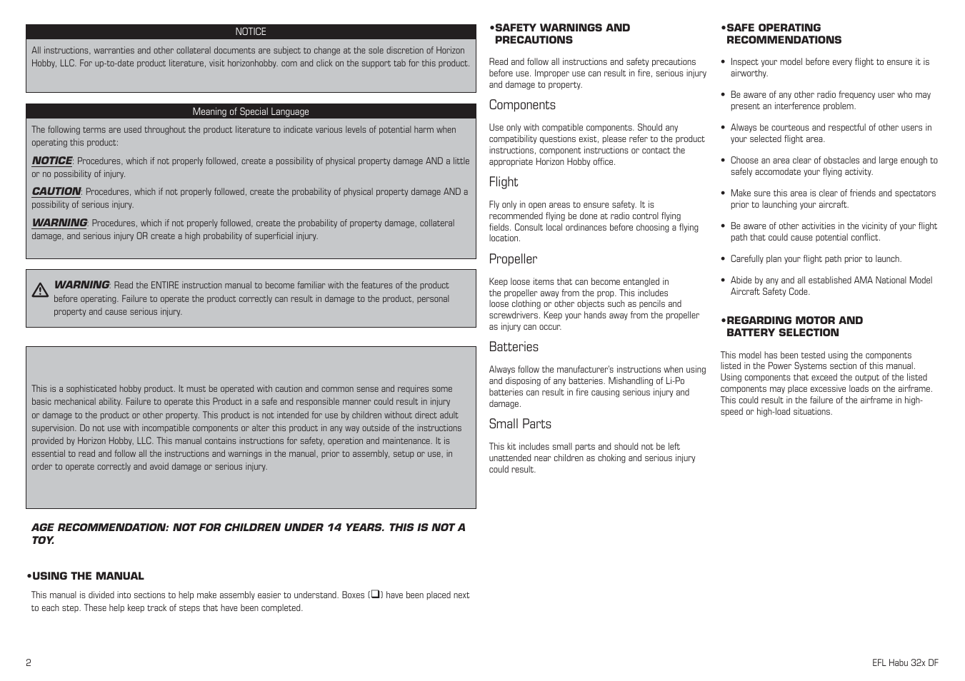 Components, Flight, Propeller | Batteries, Small parts | E-flite Habu 32x DF ARF User Manual | Page 2 / 84