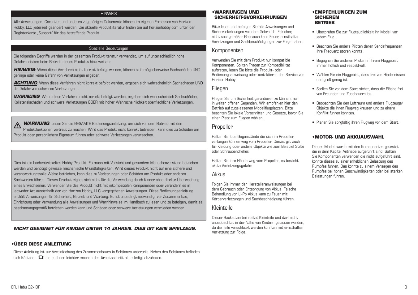 Komponenten, Fliegen, Propeller | Akkus, Kleinteile | E-flite Habu 32x DF ARF User Manual | Page 3 / 84