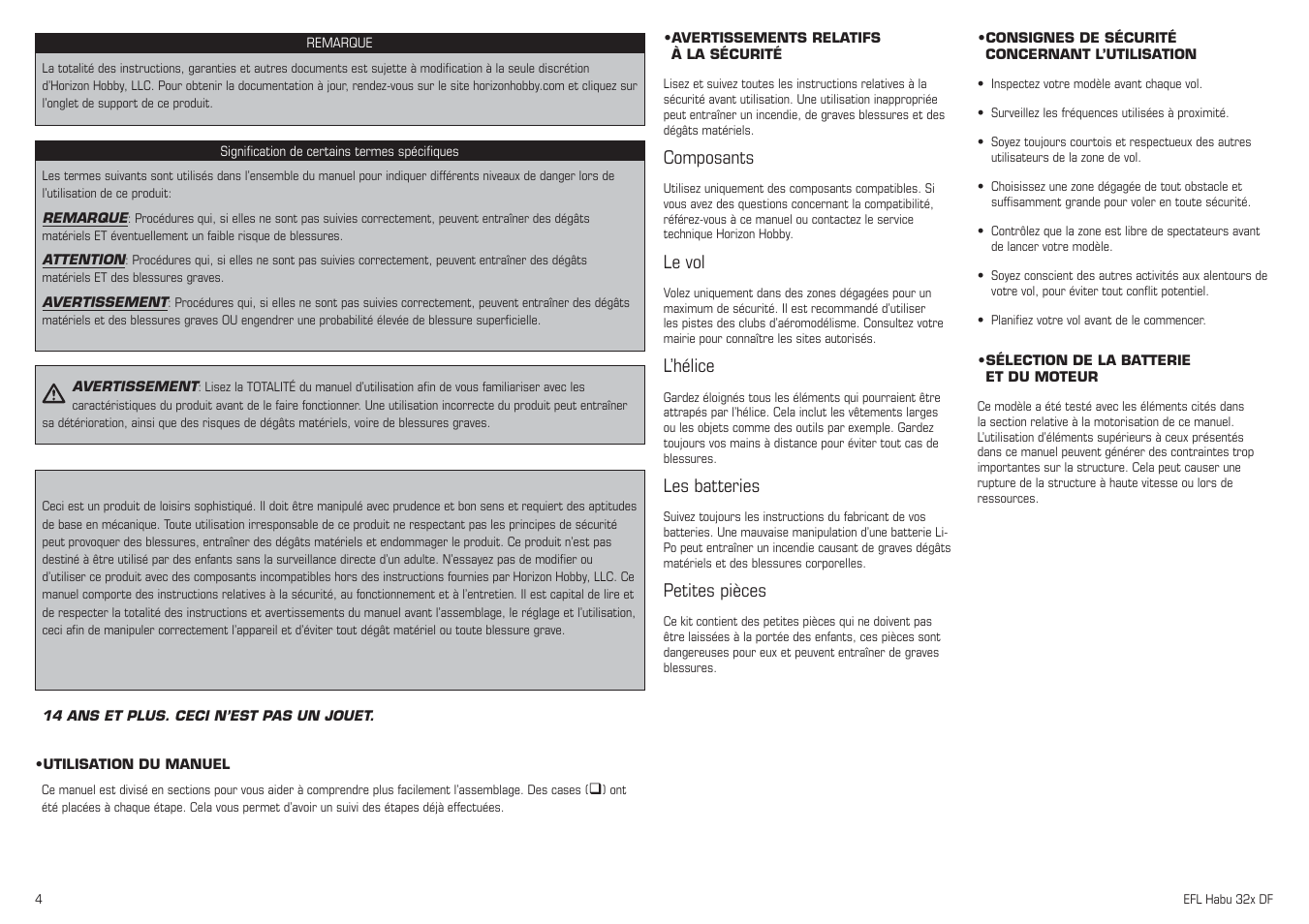 Composants, Le vol, L’hélice | Les batteries, Petites pièces | E-flite Habu 32x DF ARF User Manual | Page 4 / 84