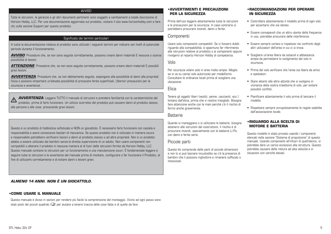 Componenti, Volo, Elica | Batterie, Piccole parti | E-flite Habu 32x DF ARF User Manual | Page 5 / 84
