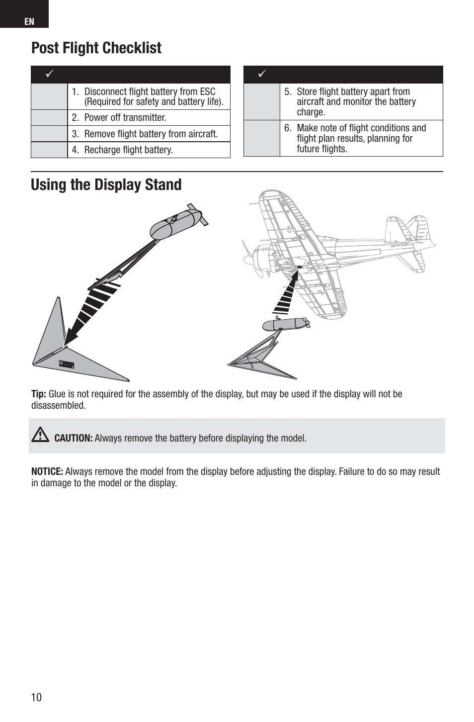 Post flight checklist, Using the display stand | E-flite A6M5 Zero 300 BNF Basic User Manual | Page 10 / 17