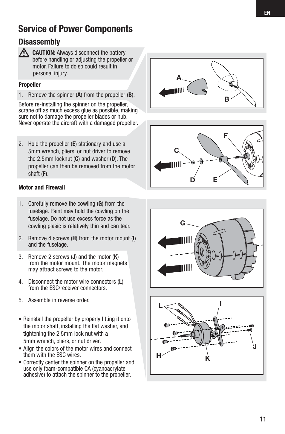 Service of power components, Disassembly | E-flite A6M5 Zero 300 BNF Basic User Manual | Page 11 / 17