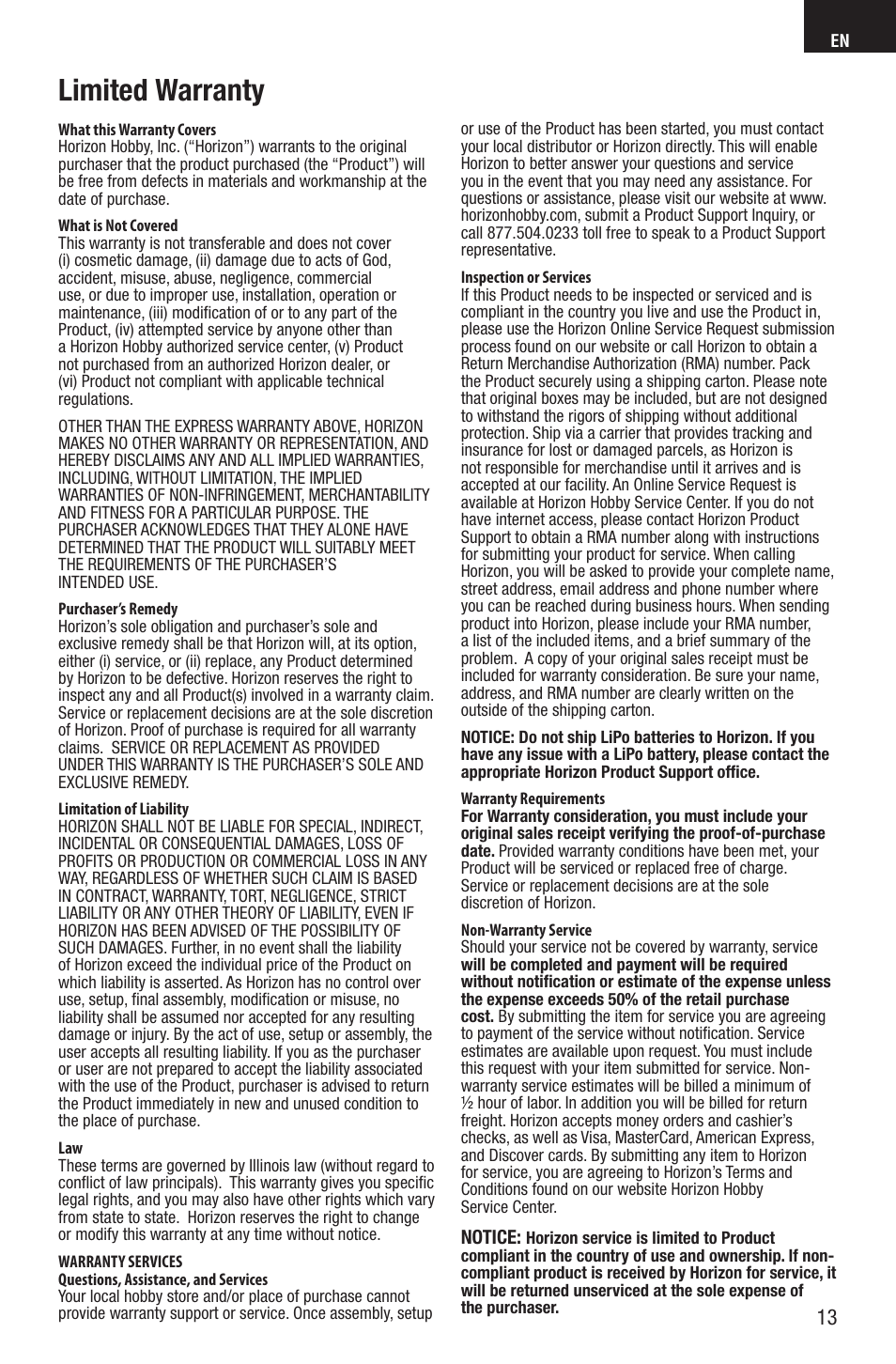 Limited warranty | E-flite A6M5 Zero 300 BNF Basic User Manual | Page 13 / 17