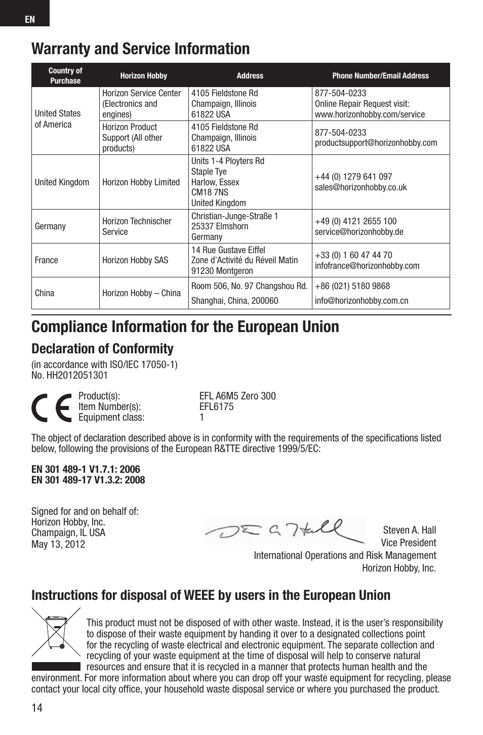 Compliance information for the european union, Warranty and service information, Declaration of conformity | E-flite A6M5 Zero 300 BNF Basic User Manual | Page 14 / 17