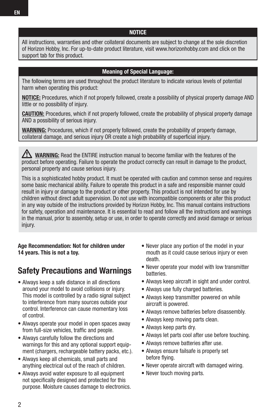 Safety precautions and warnings | E-flite A6M5 Zero 300 BNF Basic User Manual | Page 2 / 17