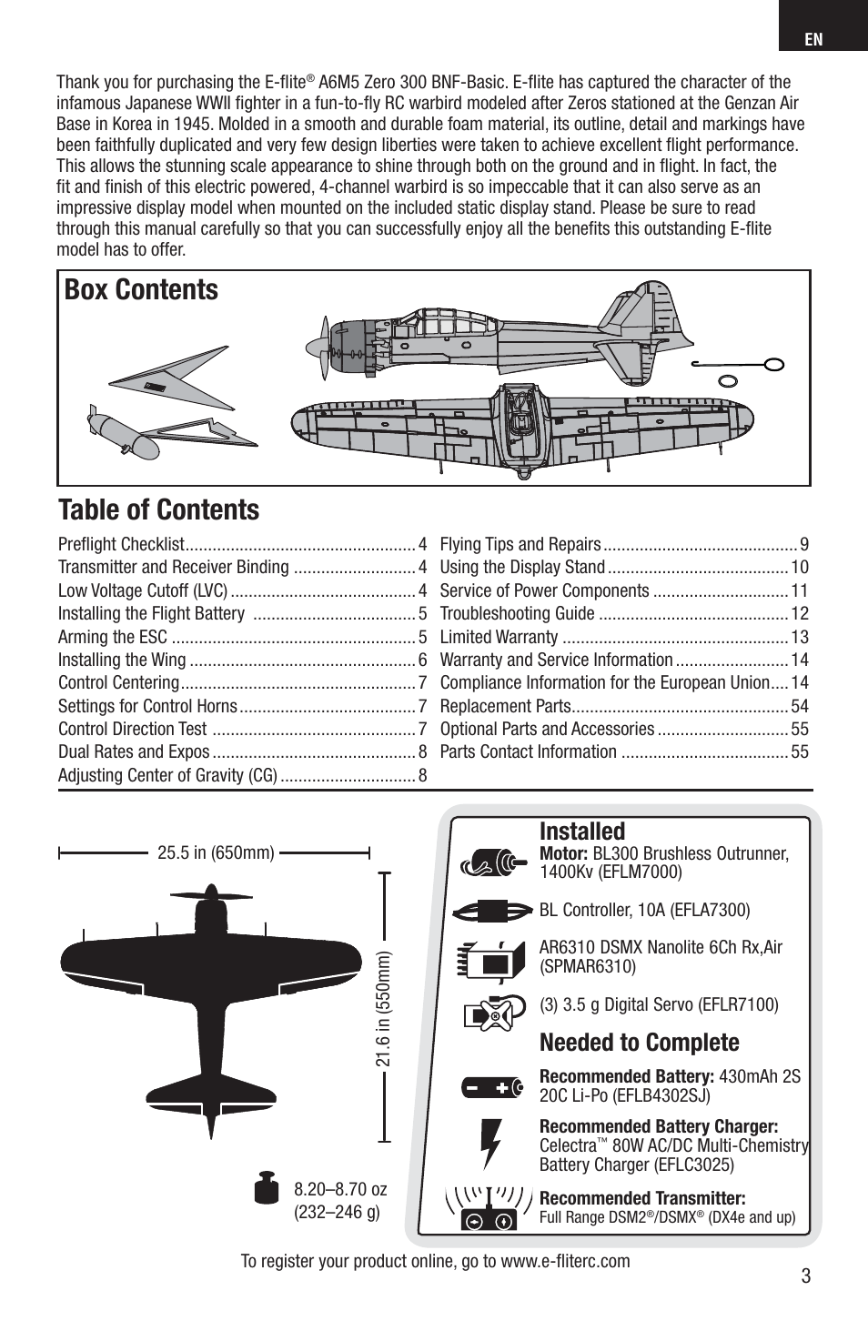 E-flite A6M5 Zero 300 BNF Basic User Manual | Page 3 / 17