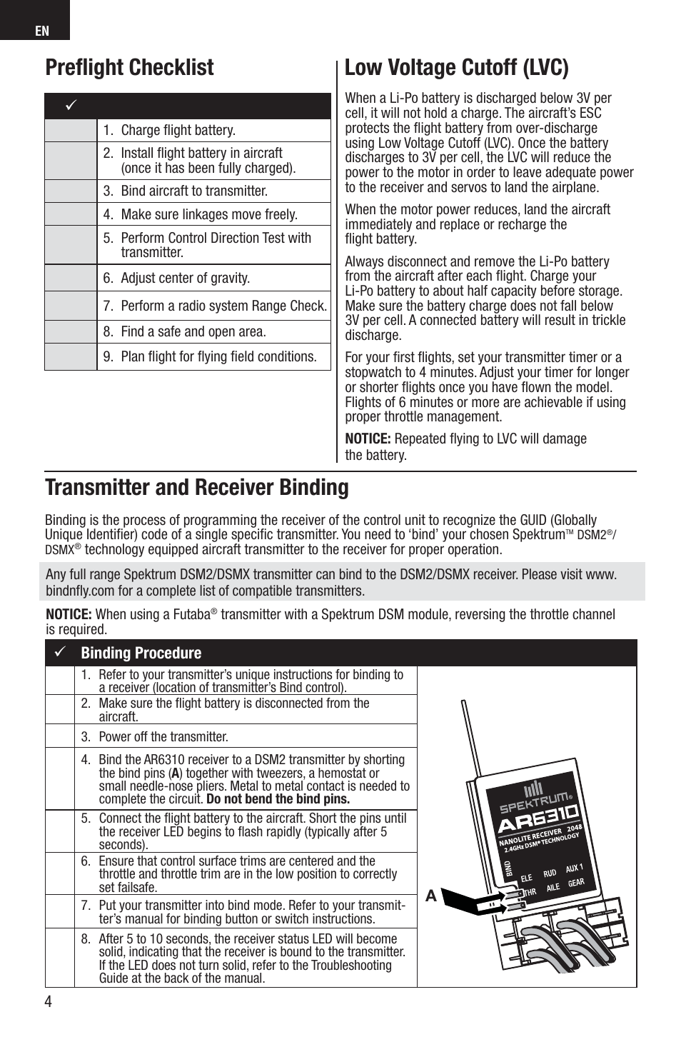 Preﬂ ight checklist, Low voltage cutoff (lvc), Transmitter and receiver binding | E-flite A6M5 Zero 300 BNF Basic User Manual | Page 4 / 17