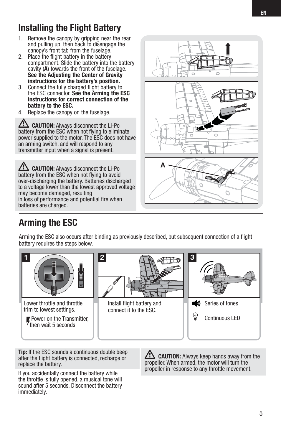 Arming the esc, Installing the flight battery | E-flite A6M5 Zero 300 BNF Basic User Manual | Page 5 / 17