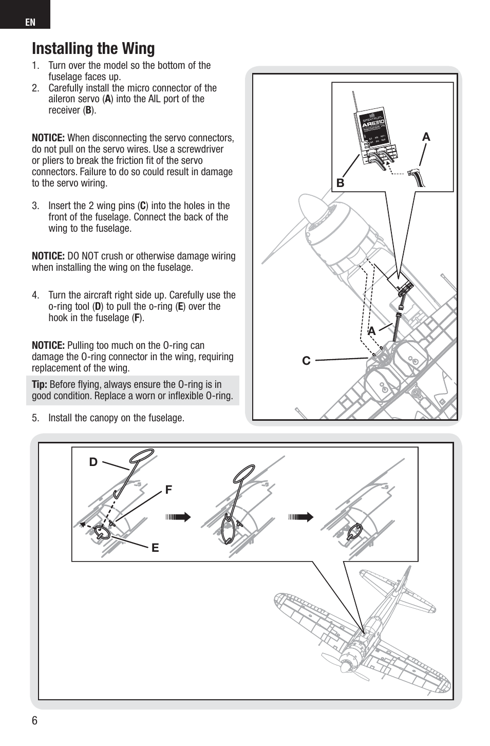 Installing the wing | E-flite A6M5 Zero 300 BNF Basic User Manual | Page 6 / 17