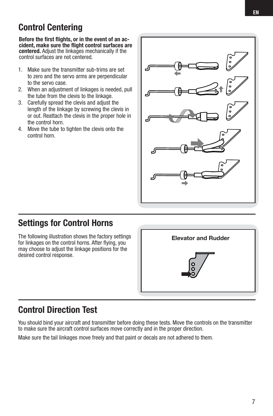 Control centering settings for control horns, Control direction test | E-flite A6M5 Zero 300 BNF Basic User Manual | Page 7 / 17