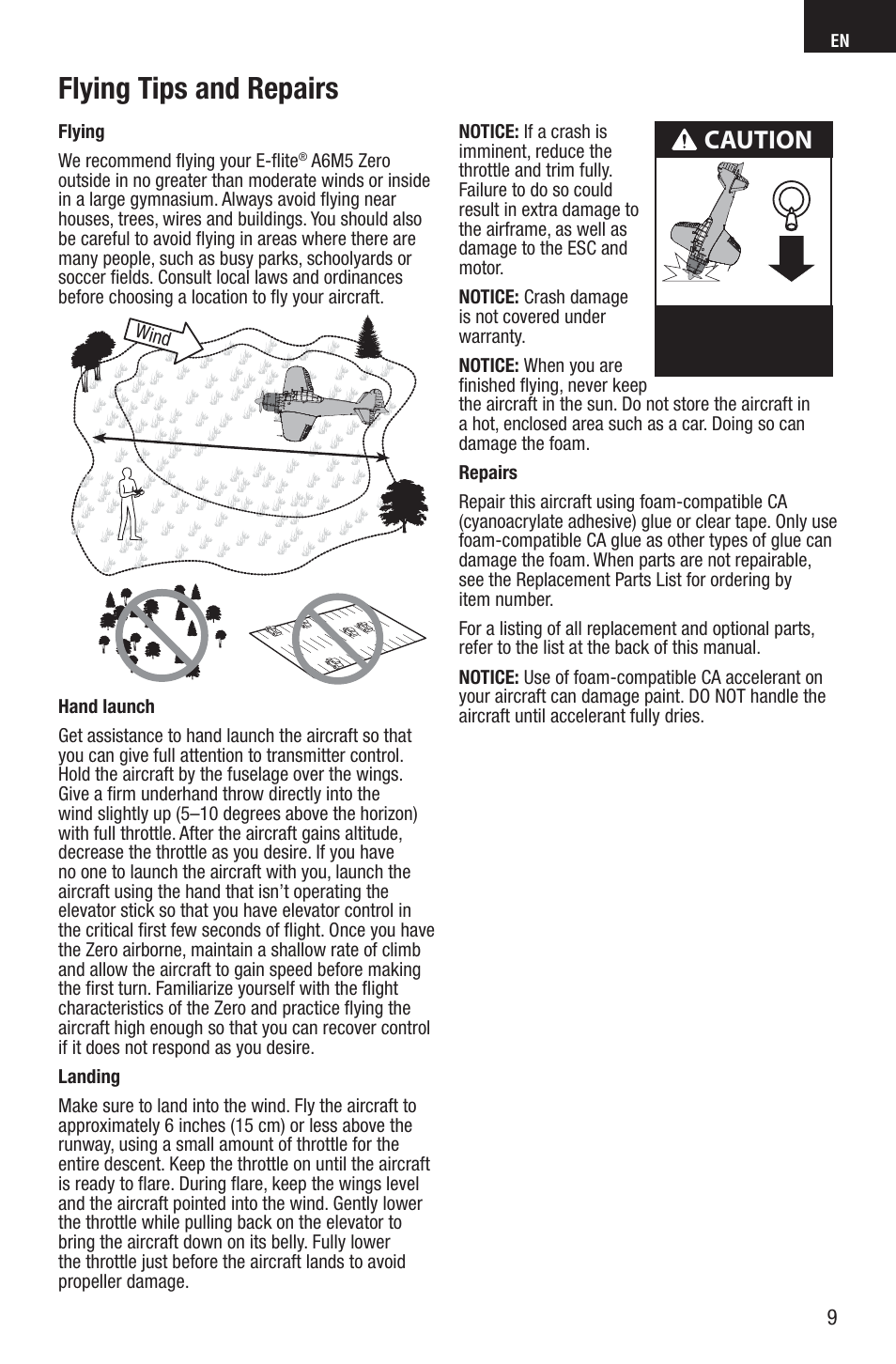 Flying tips and repairs, Caution | E-flite A6M5 Zero 300 BNF Basic User Manual | Page 9 / 17