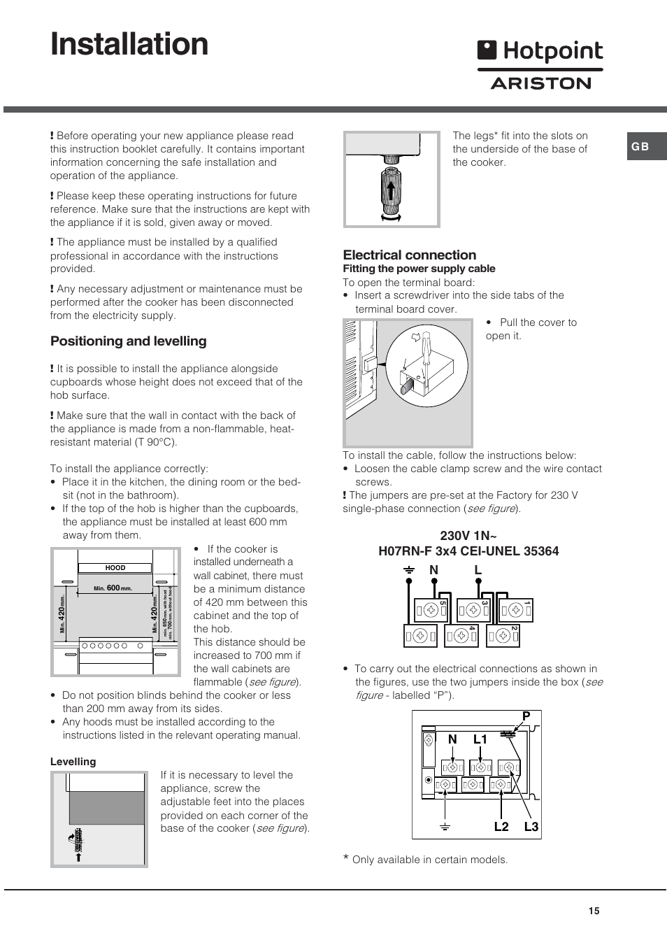 Installation, Positioning and levelling, Electrical connection | Hotpoint Ariston CE 6V P6 EU/HA User Manual | Page 15 / 76