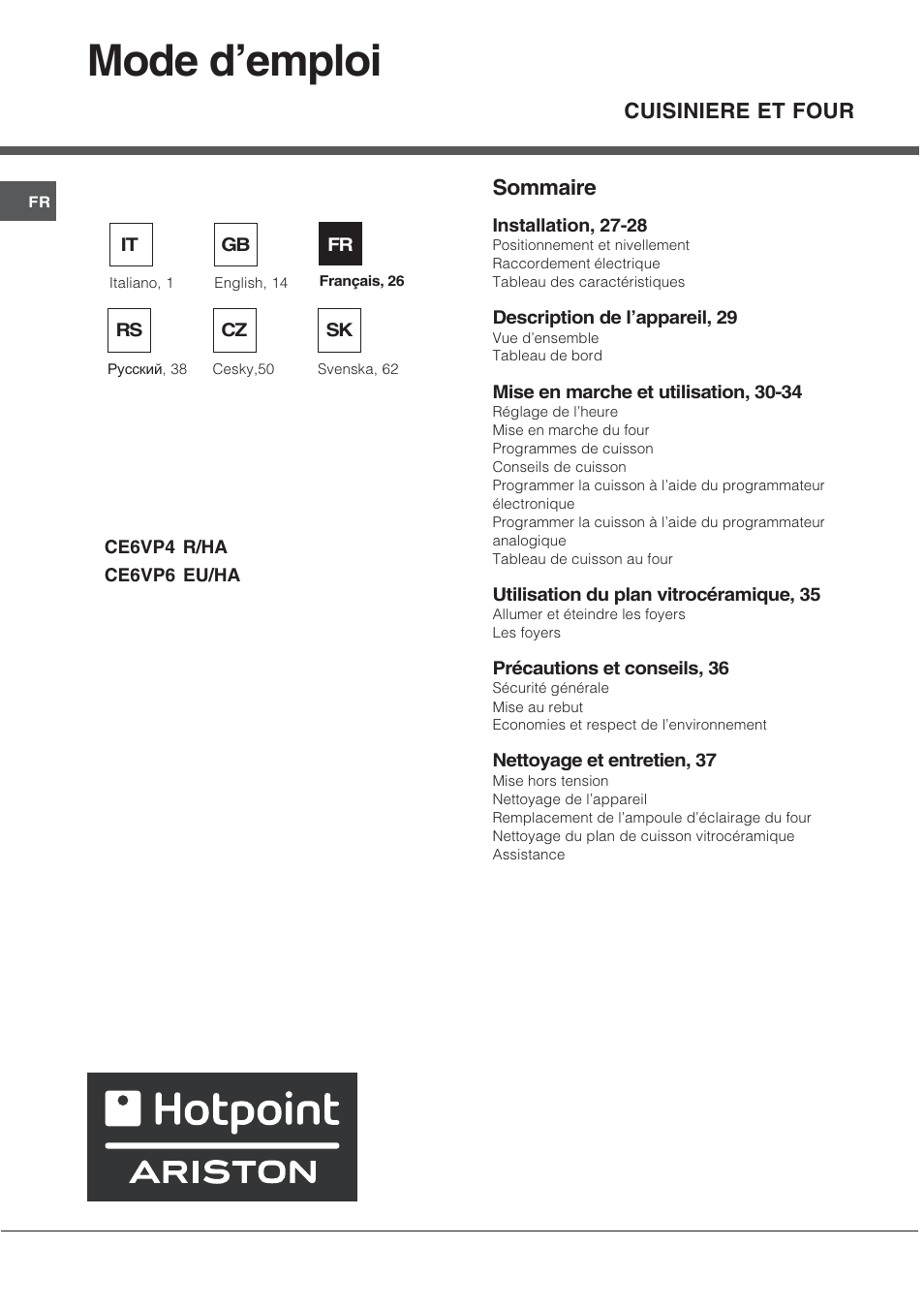 Mode demploi, Sommaire, Cuisiniere et four | Hotpoint Ariston CE 6V P6 EU/HA User Manual | Page 26 / 76