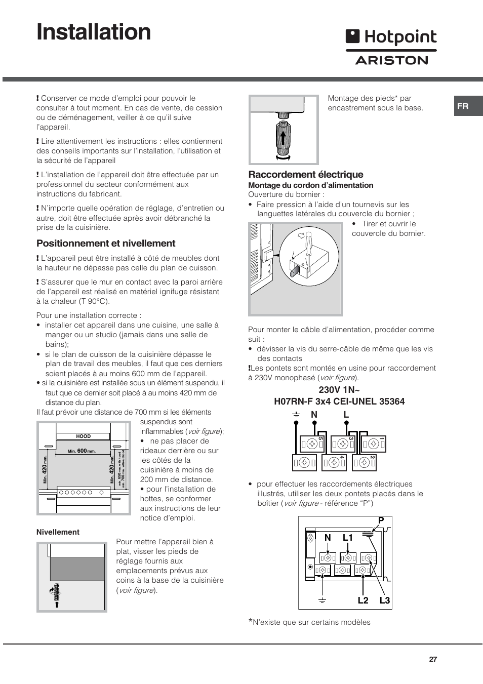 Installation, Positionnement et nivellement, Raccordement électrique | Hotpoint Ariston CE 6V P6 EU/HA User Manual | Page 27 / 76