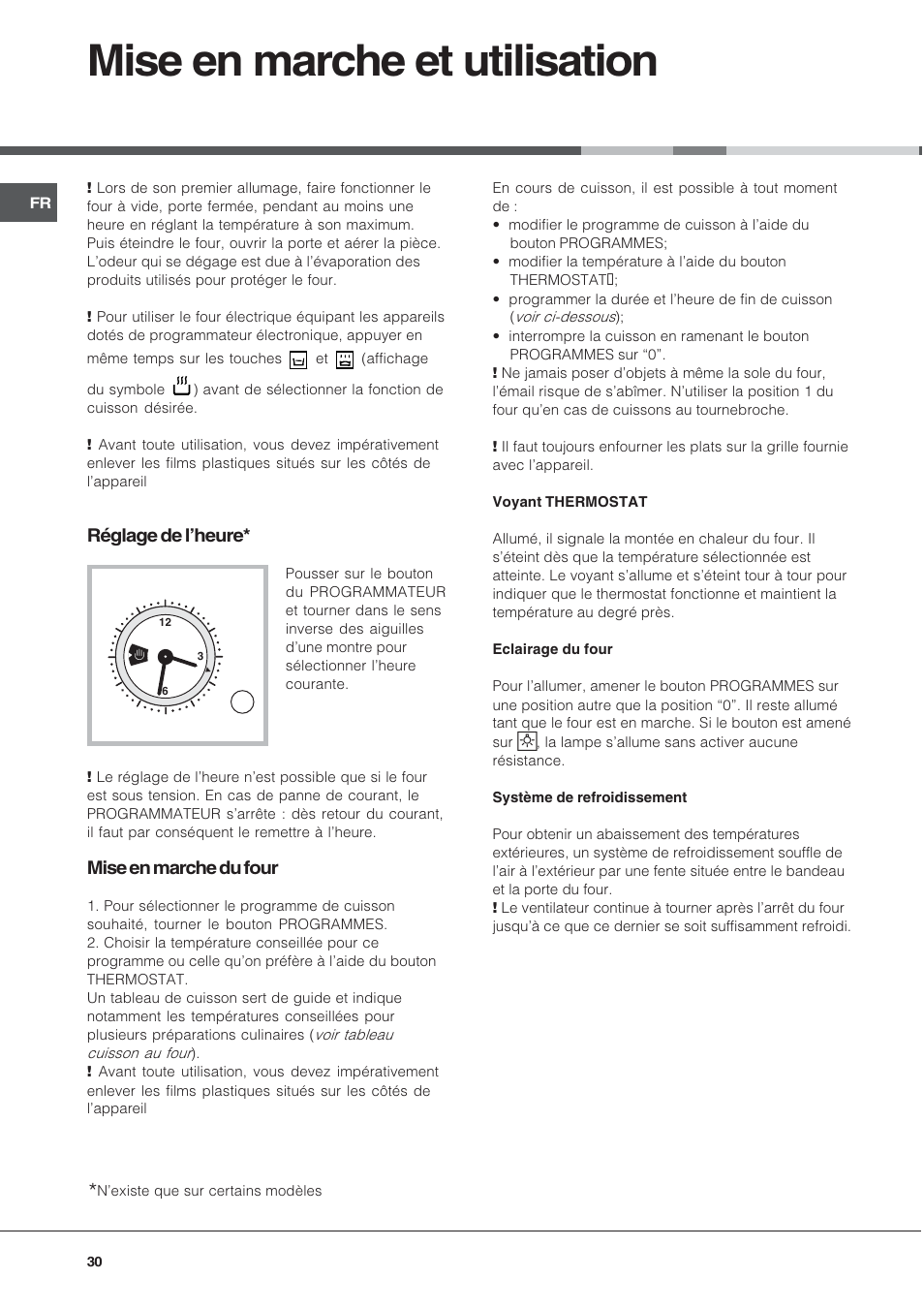 Mise en marche et utilisation, Réglage de lheure, Mise en marche du four | Hotpoint Ariston CE 6V P6 EU/HA User Manual | Page 30 / 76