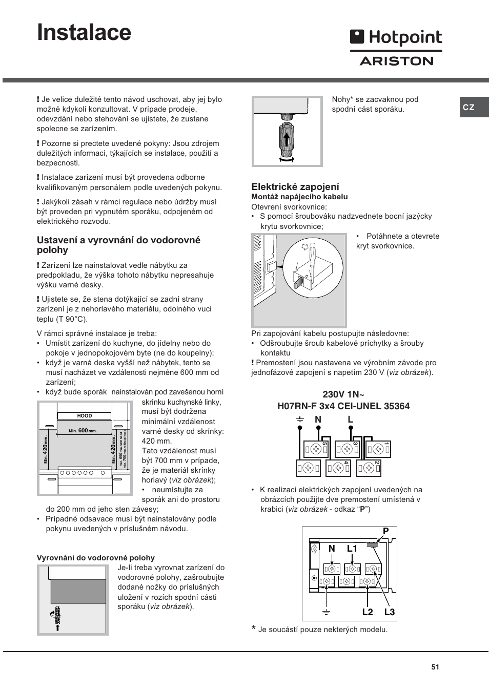 Instalace, Ustavení a vyrovnání do vodorovné polohy, Elektrické zapojení | Hotpoint Ariston CE 6V P6 EU/HA User Manual | Page 51 / 76