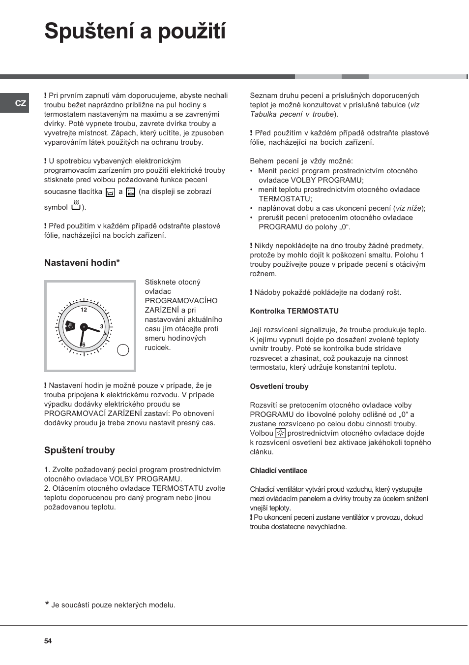 Sputení a pouití, Nastavení hodin, Sputení trouby | Hotpoint Ariston CE 6V P6 EU/HA User Manual | Page 54 / 76