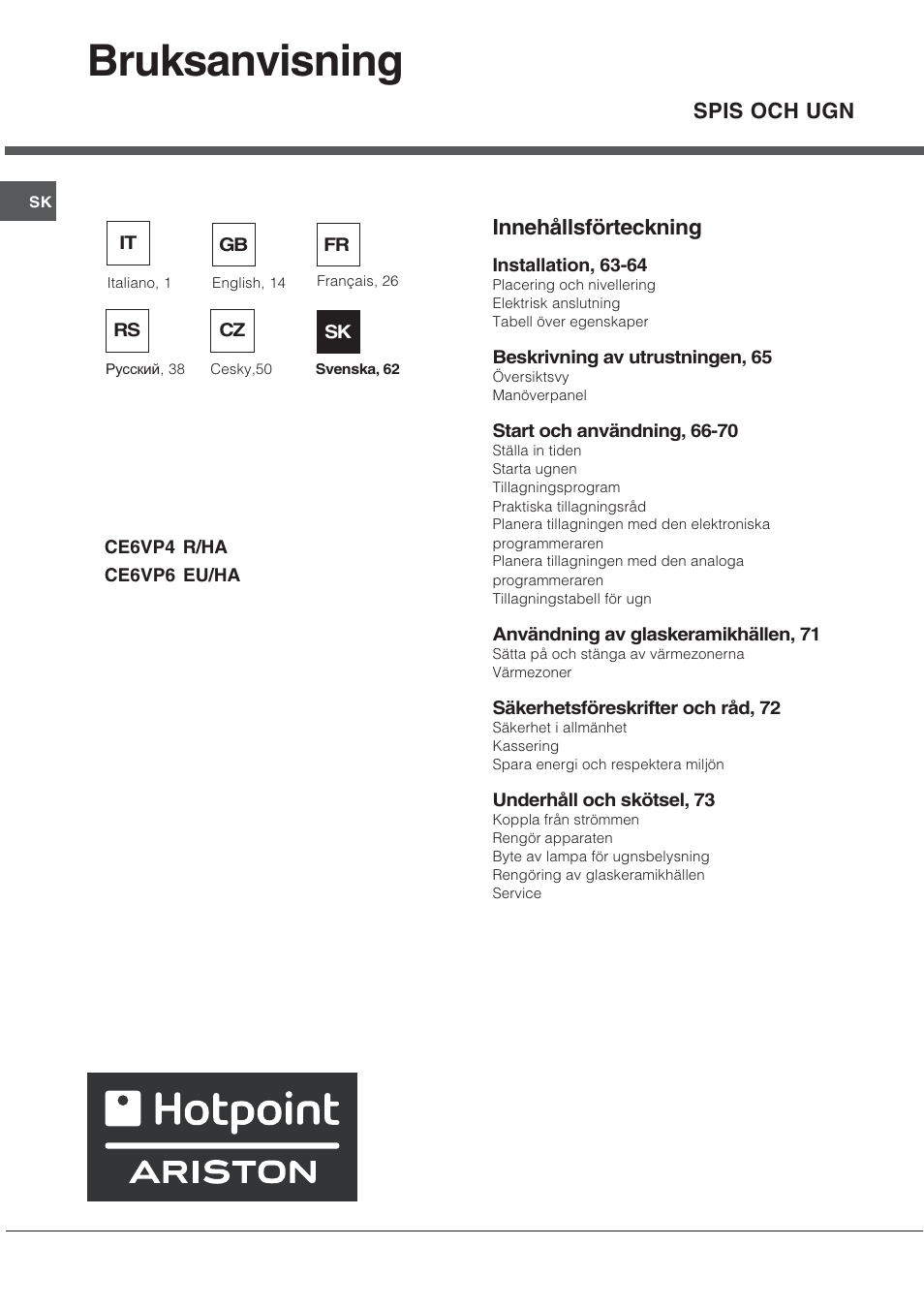 Bruksanvisning, Innehållsförteckning, Spis och ugn | Hotpoint Ariston CE 6V P6 EU/HA User Manual | Page 62 / 76