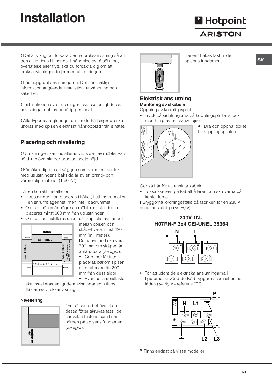 Installation, Placering och nivellering, Elektrisk anslutning | Hotpoint Ariston CE 6V P6 EU/HA User Manual | Page 63 / 76