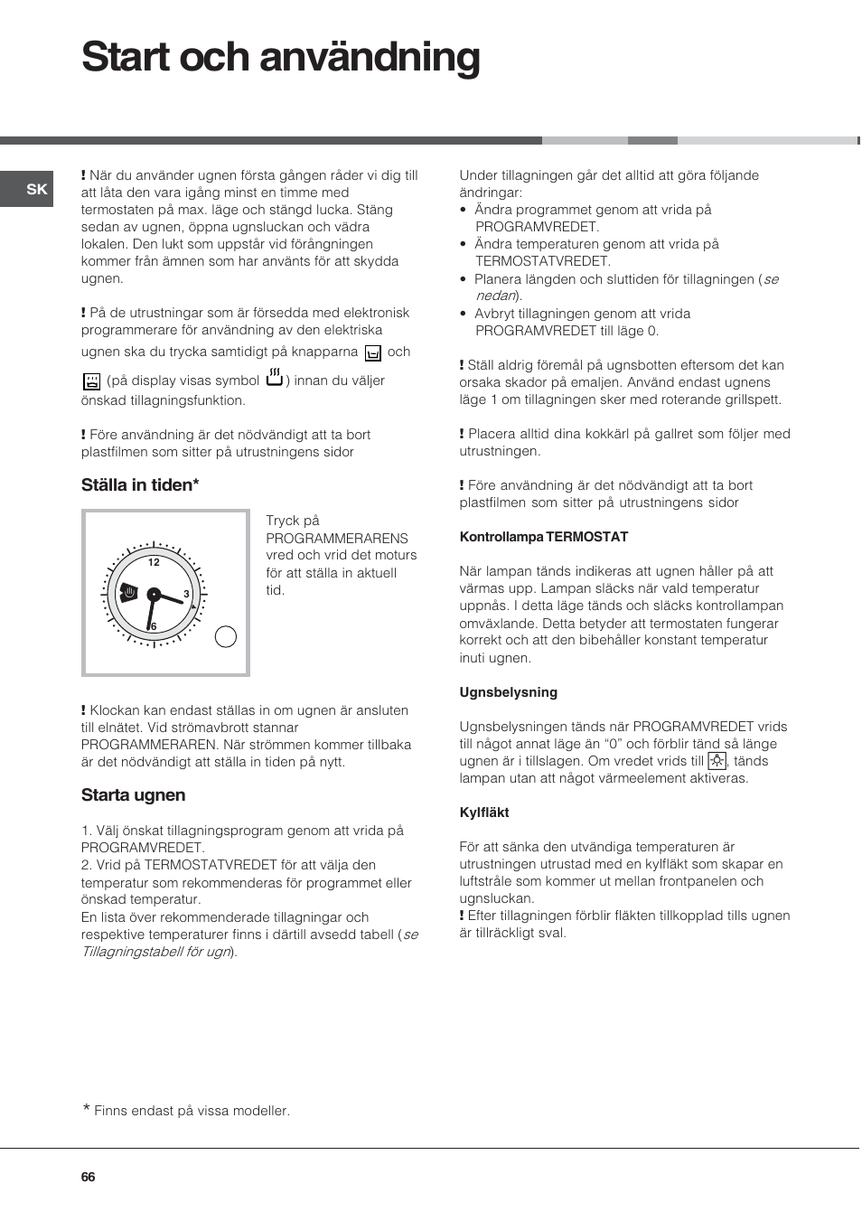 Start och användning, Ställa in tiden, Starta ugnen | Hotpoint Ariston CE 6V P6 EU/HA User Manual | Page 66 / 76