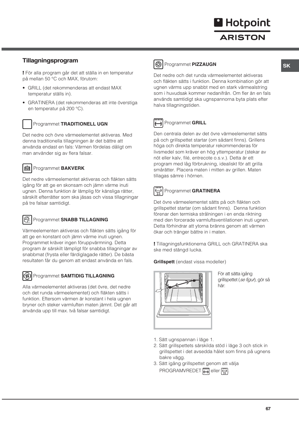 Tillagningsprogram | Hotpoint Ariston CE 6V P6 EU/HA User Manual | Page 67 / 76