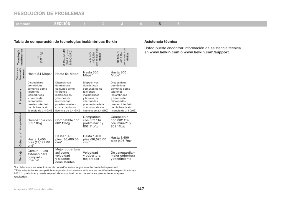 Resolución de problemas, Sección | Belkin F5D8055tt User Manual | Page 149 / 155