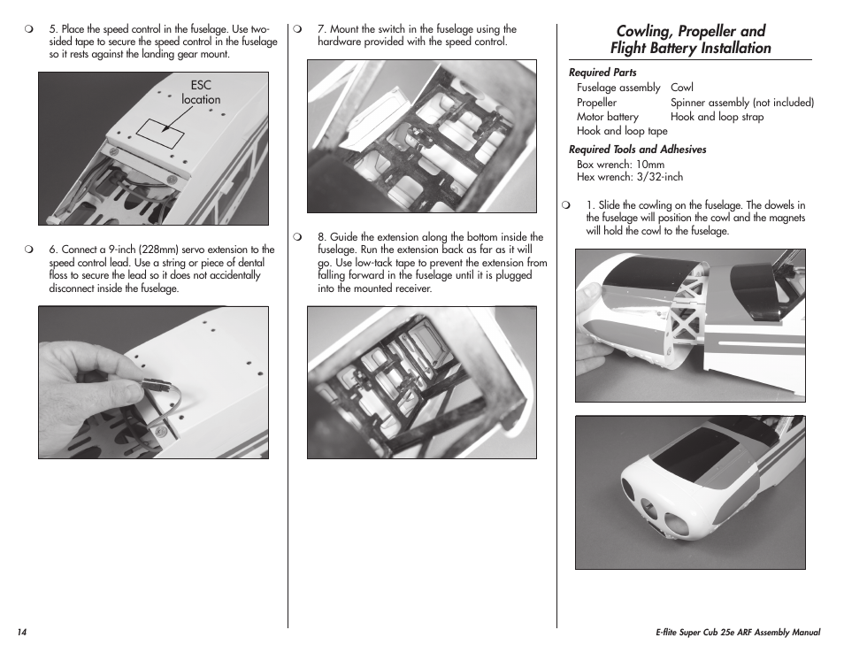 Cowling, propeller and flight battery installation | E-flite Super Cub 25e ARF User Manual | Page 14 / 48