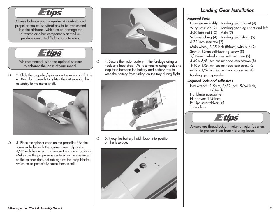 Landing gear installation | E-flite Super Cub 25e ARF User Manual | Page 15 / 48