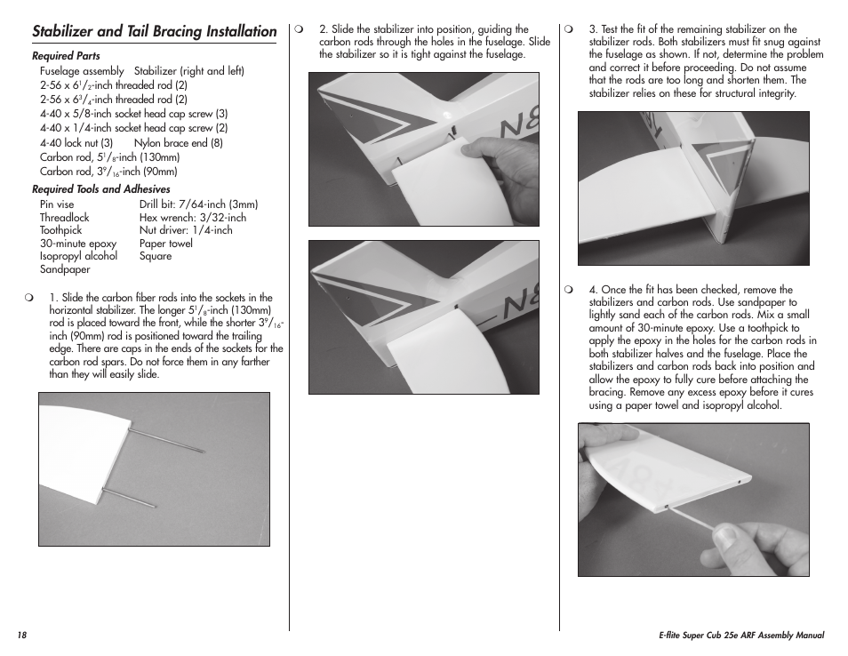 Stabilizer and tail bracing installation | E-flite Super Cub 25e ARF User Manual | Page 18 / 48