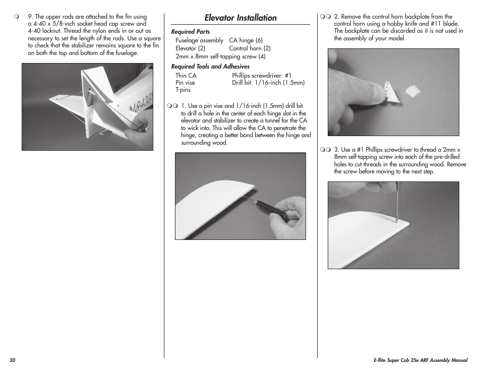 Elevator installation | E-flite Super Cub 25e ARF User Manual | Page 20 / 48