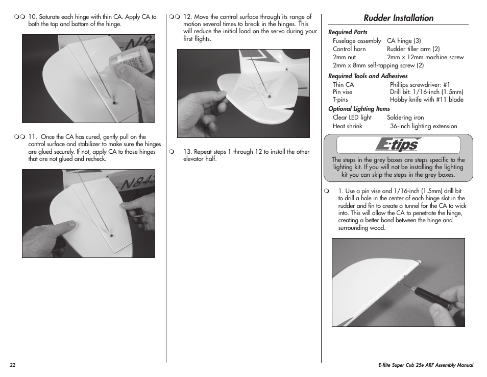 Rudder installation | E-flite Super Cub 25e ARF User Manual | Page 22 / 48