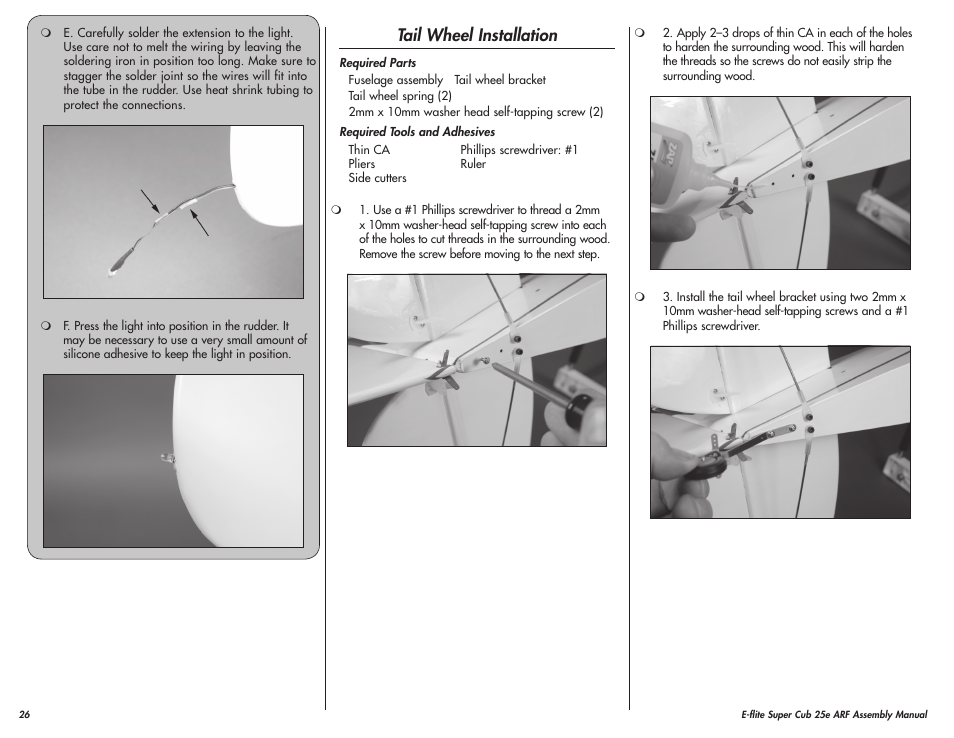 Tail wheel installation | E-flite Super Cub 25e ARF User Manual | Page 26 / 48