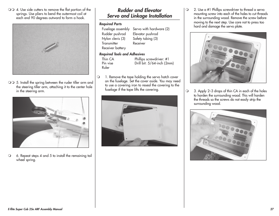 Rudder and elevator servo and linkage installation | E-flite Super Cub 25e ARF User Manual | Page 27 / 48