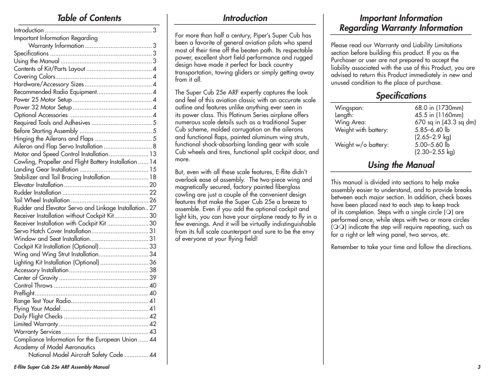 E-flite Super Cub 25e ARF User Manual | Page 3 / 48