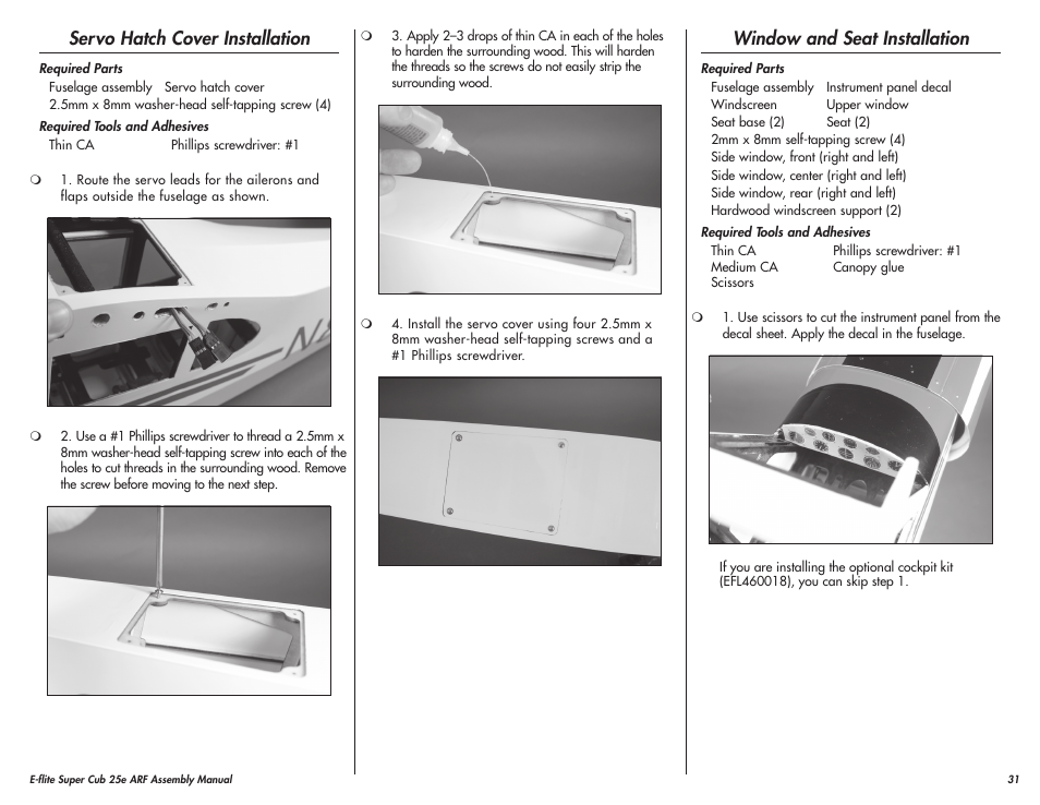Servo hatch cover installation, Window and seat installation | E-flite Super Cub 25e ARF User Manual | Page 31 / 48