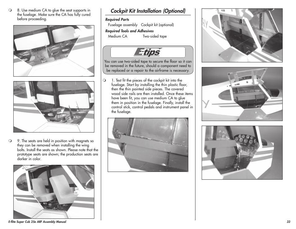 Cockpit kit installation (optional) | E-flite Super Cub 25e ARF User Manual | Page 33 / 48