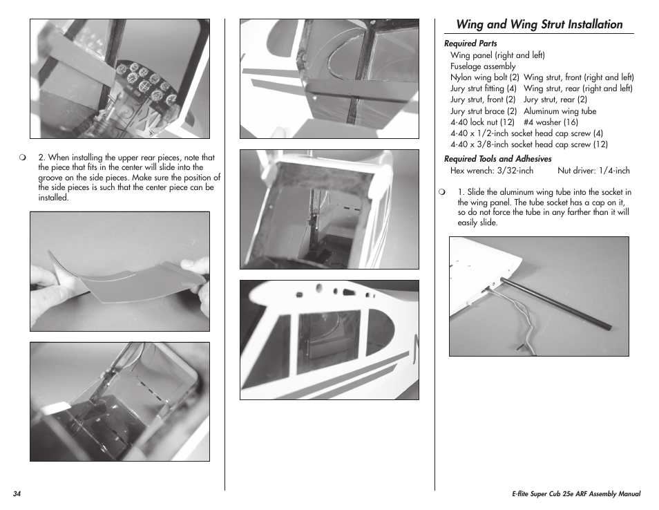 Wing and wing strut installation | E-flite Super Cub 25e ARF User Manual | Page 34 / 48