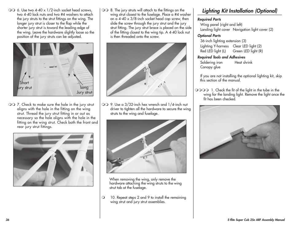 Lighting kit installation (optional) | E-flite Super Cub 25e ARF User Manual | Page 36 / 48