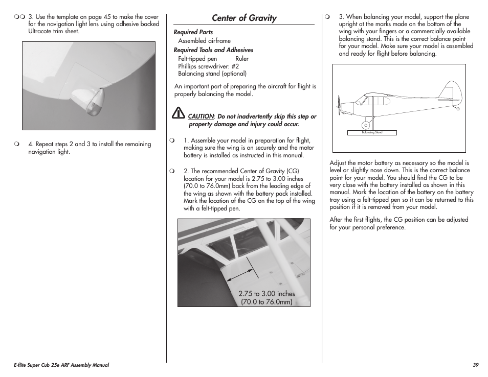Center of gravity | E-flite Super Cub 25e ARF User Manual | Page 39 / 48