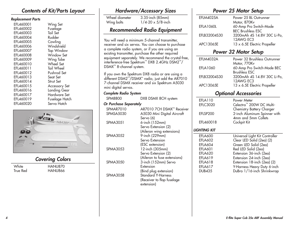 Contents of kit/parts layout, Covering colors, Hardware/accessory sizes | Recommended radio equipment, Power 25 motor setup, Power 32 motor setup, Optional accessories | E-flite Super Cub 25e ARF User Manual | Page 4 / 48